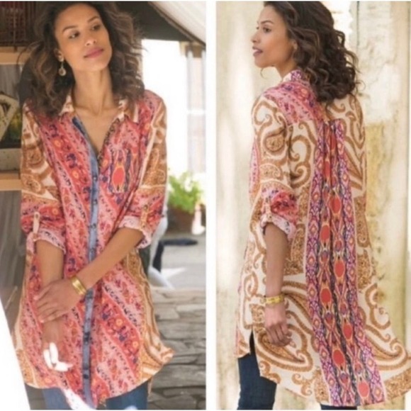 Soft Surroundings‎ Brynn Pink Floral Paisley Button Front Tunic Top Shirt small - Picture 3 of 9